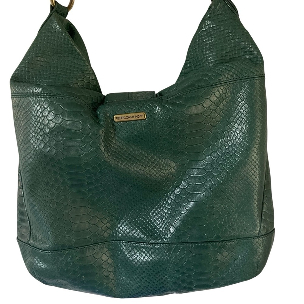 Rebecca Minkoff Snakeskin Croc Embossed Forest Green Hobo Bag with Gold Accents - Picture 6 of 7